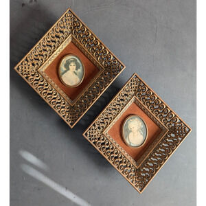 Pair Ornate Vintage Diamond Wall Decor Cameo Creations Frame Convex Glass